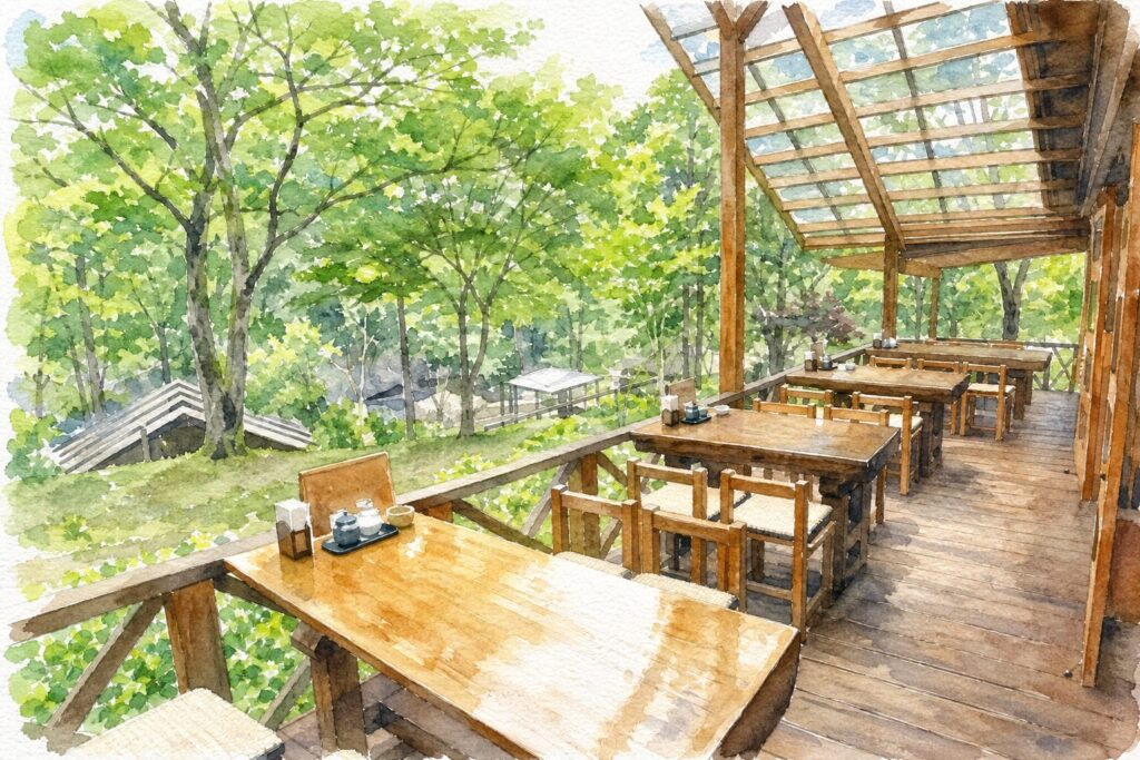 川沿いのカフェデッキと自然を表現したイメージイラスト