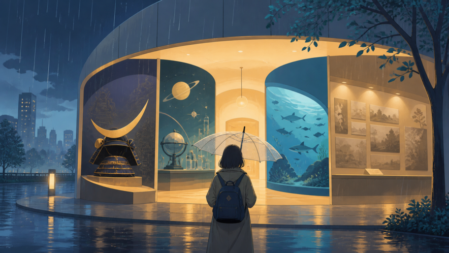 雨の仙台で傘を持つ旅行者が歴史・科学・水族館・展示施設を選ぶ様子を描いたイラスト