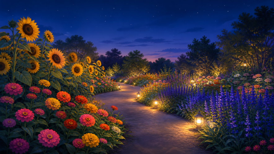 ひまわりやジニア、青い花がライトに照らされた架空の夏夜の花壇イラスト