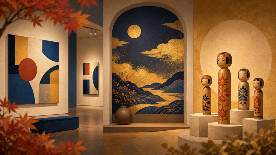 抽象絵画、金と藍の装飾画、伝統こけしを3つの展示空間で表現した美術館イベントのイメージイラスト
