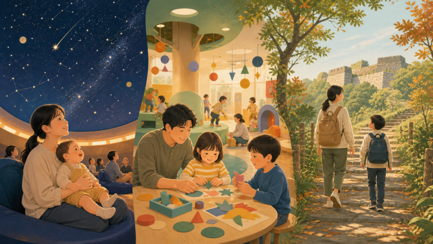 星空ドーム、親子の室内工作、緑の歴史散策路を3場面で描いた仙台の子ども向けイベントのイメージイラスト