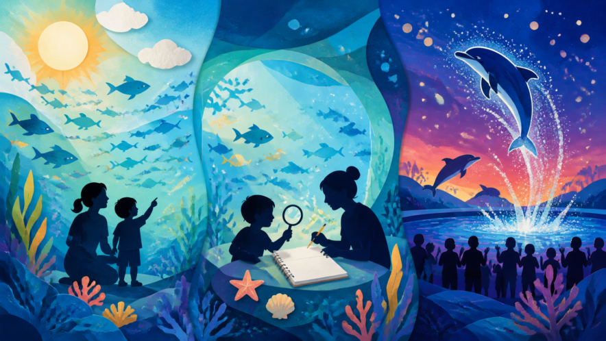 昼の親子観察、海の学び、夜のイルカショーを3場面で表した水族館イベントのイメージイラスト