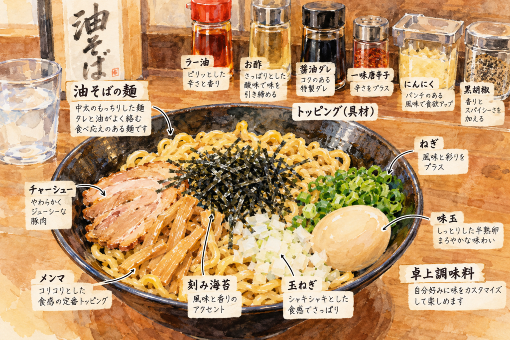 油そばの食べ方と味変を紹介するイメージ