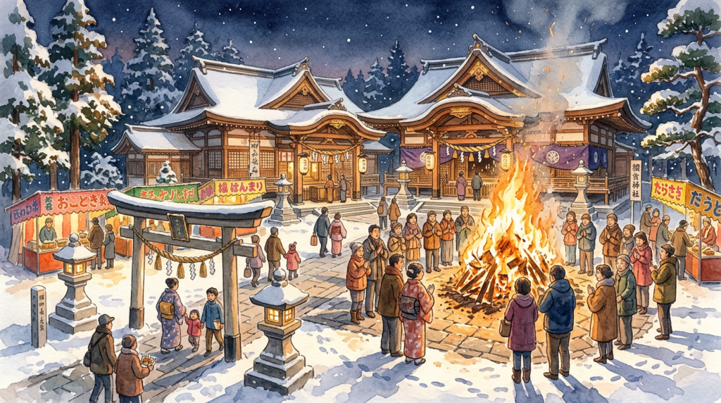 冬の仙台の神社参拝をイメージしたイラスト