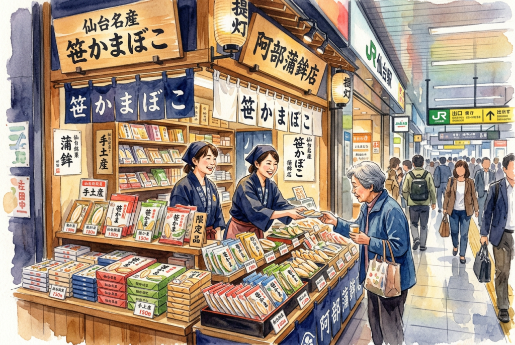 仙台駅周辺で笹かまぼこのお土産を選ぶイメージ