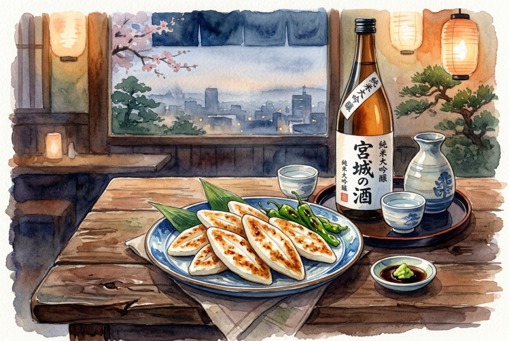 笹かまぼこと宮城の日本酒を楽しむイメージ