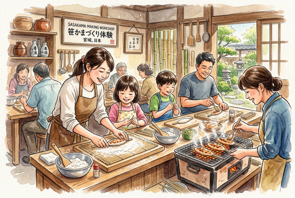 笹かまぼこの手作り体験を楽しむイメージ