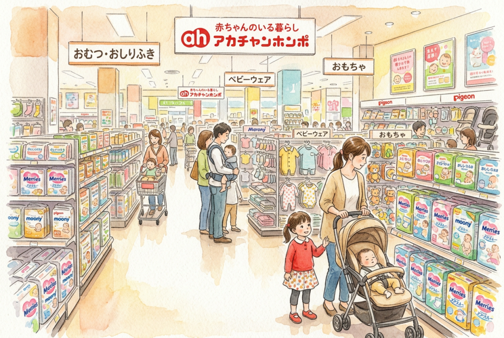 アカチャンホンポの売場をイメージしたAI生成イラスト