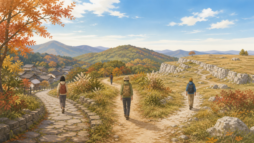 秋の町並み、高原、石灰岩台地へ続く3本の道を歩く人々のイメージイラスト