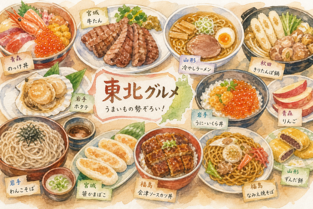 東北各地のグルメが並ぶイベントのイメージ