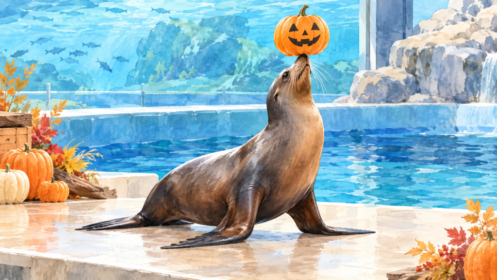 カボチャを使ったアシカのハロウィンパフォーマンスをイメージしたイラスト