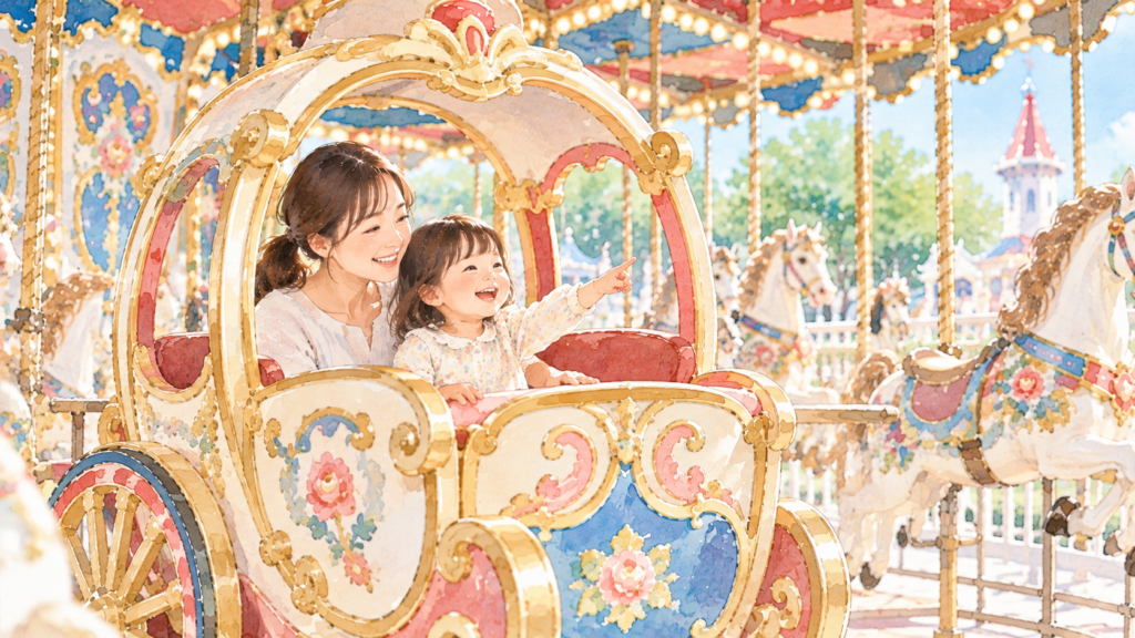 親子でメリーゴーランドを楽しむイメージイラスト