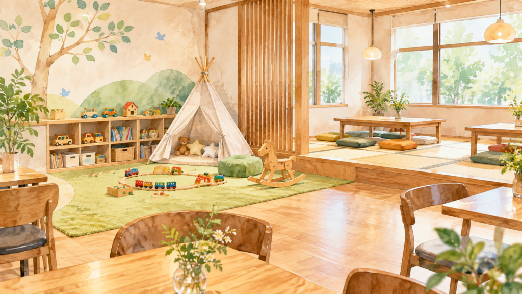 cafe craftを紹介する木の温もりを感じる親子カフェのイメージイラスト