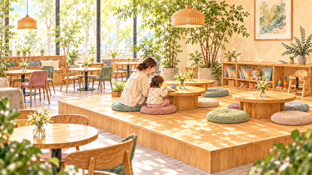 Keyaki no Mori CAFE＆BAR 一番町を紹介する親子のカフェ時間のイメージイラスト