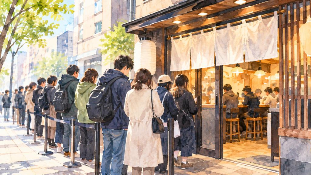 仙台のラーメン店に並ぶ人々を描いた水彩イラスト