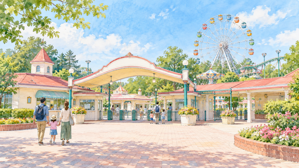 遊園地の入口広場を描いた水彩風イラスト