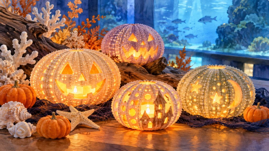 ウニの殻を利用したハロウィンランタンをイメージしたイラスト