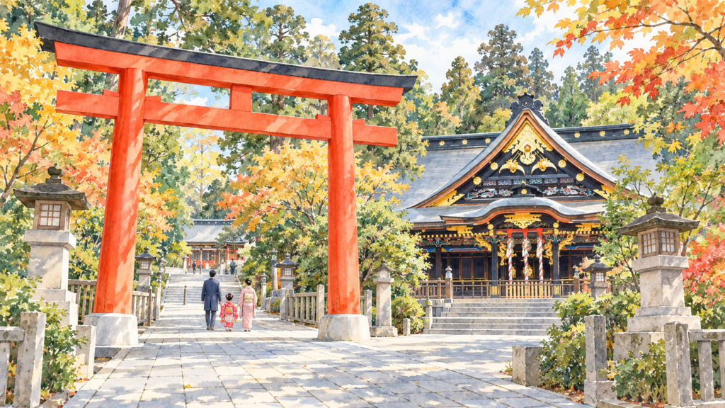 七五三のお参りをする家族を描いた秋の神社のイメージイラスト