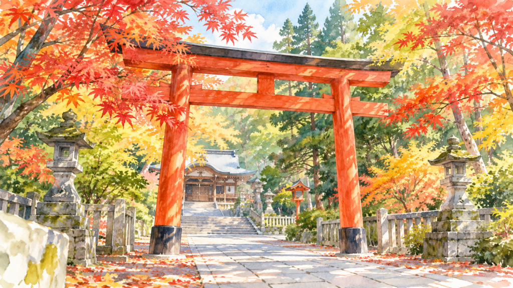 秋の紅葉と神社の鳥居を描いたイメージイラスト