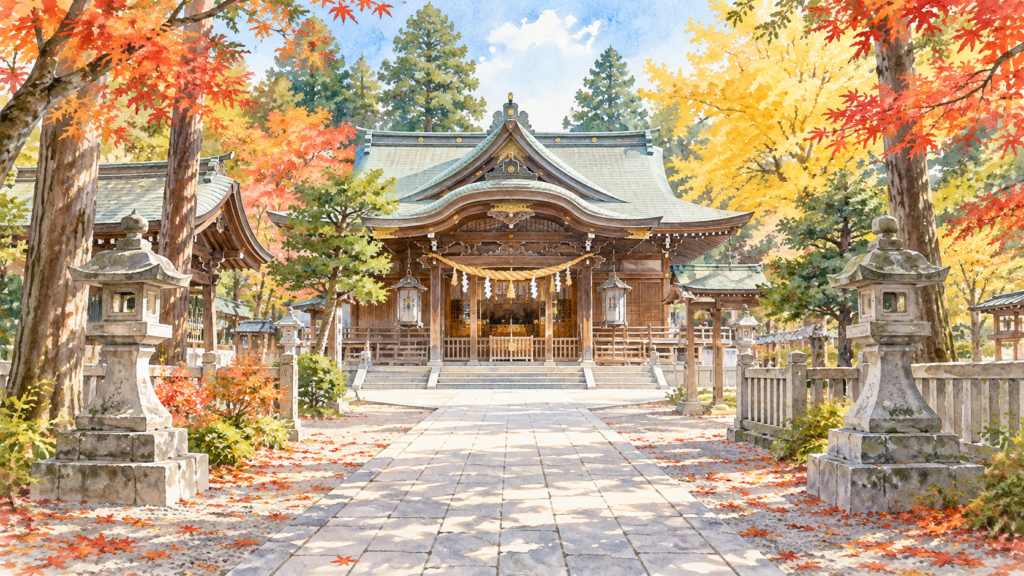秋の木々と神社の参道を描いたイメージイラスト