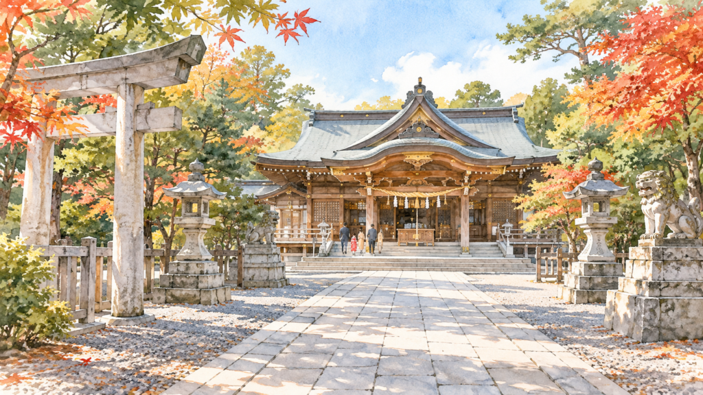 秋の彩りに包まれた神社の参道を描いたイメージイラスト