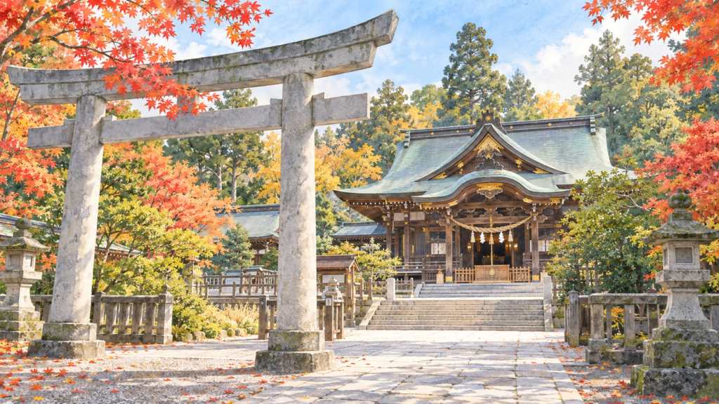 秋の彩りと静かな神社の参道を描いたイメージイラスト