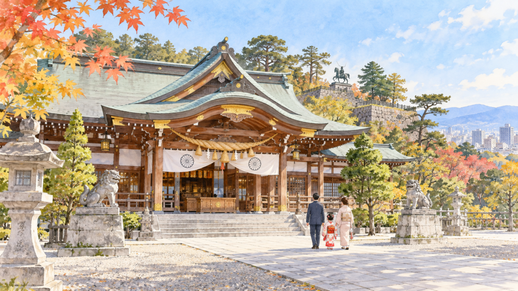 秋の神社で家族がお参りする様子を描いたイメージイラスト
