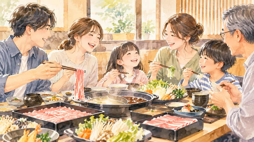 家族で鍋料理を囲みながら食事を楽しむイメージ