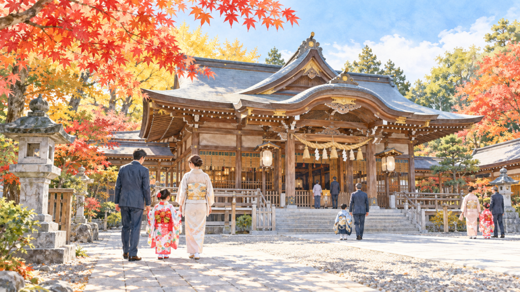 紅葉に包まれた七五三の神社を描いたイメージイラスト