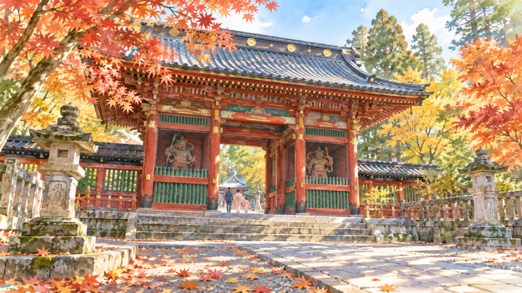 紅葉に囲まれた歴史ある社殿を描いた秋の神社のイメージイラスト