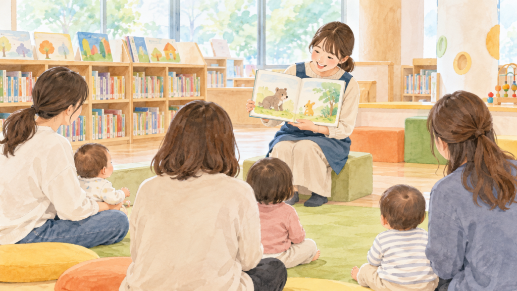 親子で絵本の読み聞かせを楽しむイメージイラスト