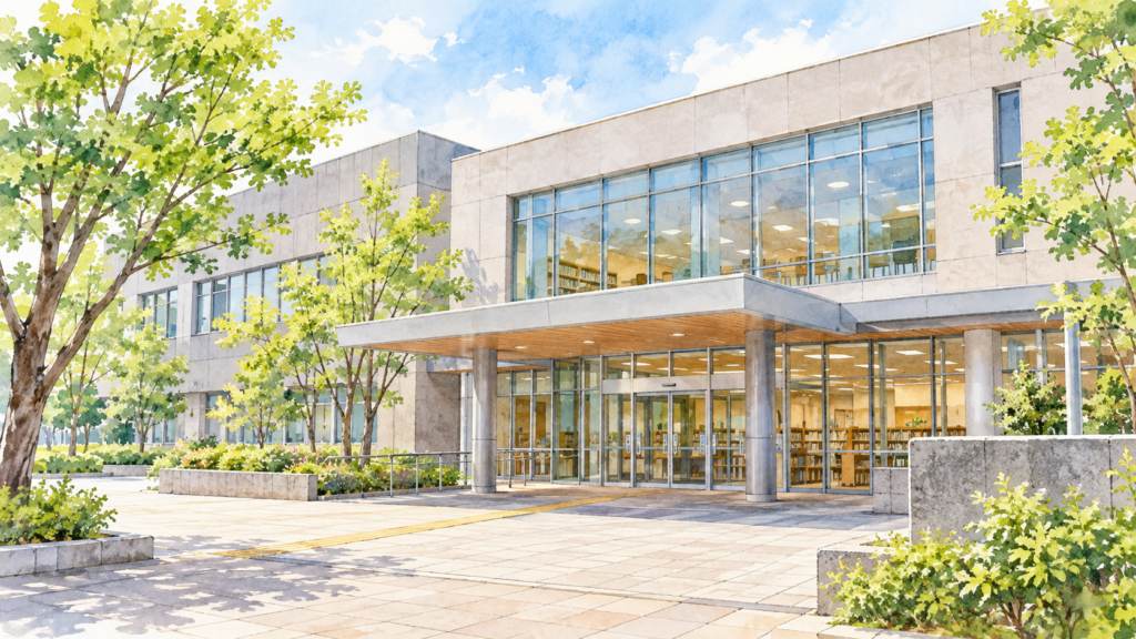 宮城野図書館を紹介する建物のイメージイラスト