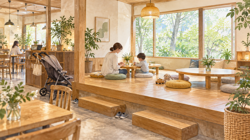 Keyaki no Mori CAFE＆ARTSを紹介する親子でくつろぐカフェのイメージイラスト