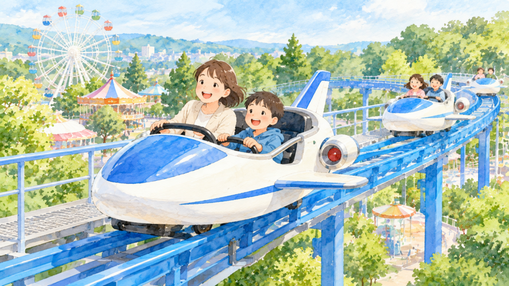 親子で空中のアトラクションを楽しむイメージイラスト