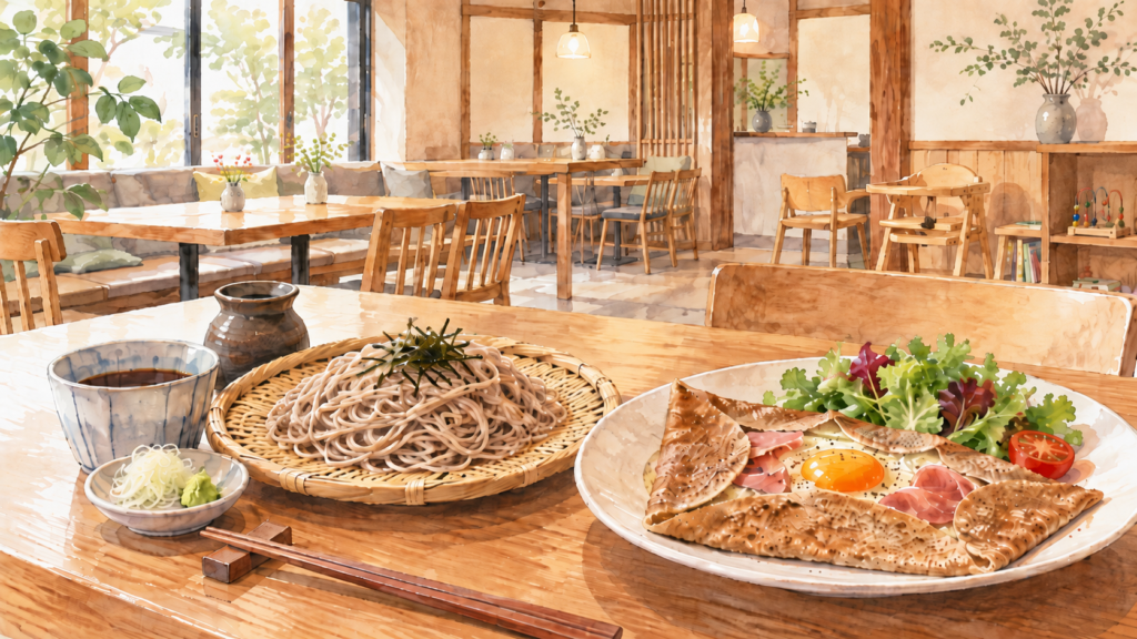 SOBA CAFE 孫三を紹介するそば料理とカフェのイメージイラスト