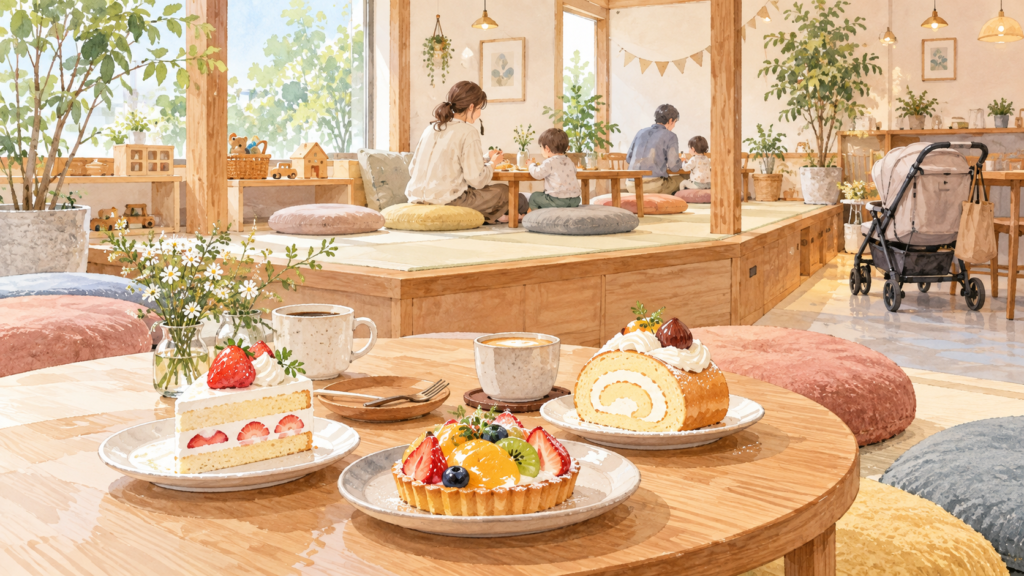 sweets park NICOを紹介する親子カフェとスイーツのイメージイラスト