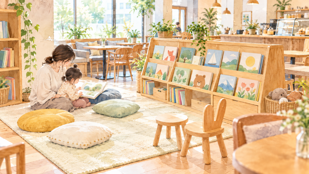ノキシタカフェを紹介する親子で絵本を楽しむ空間のイメージイラスト